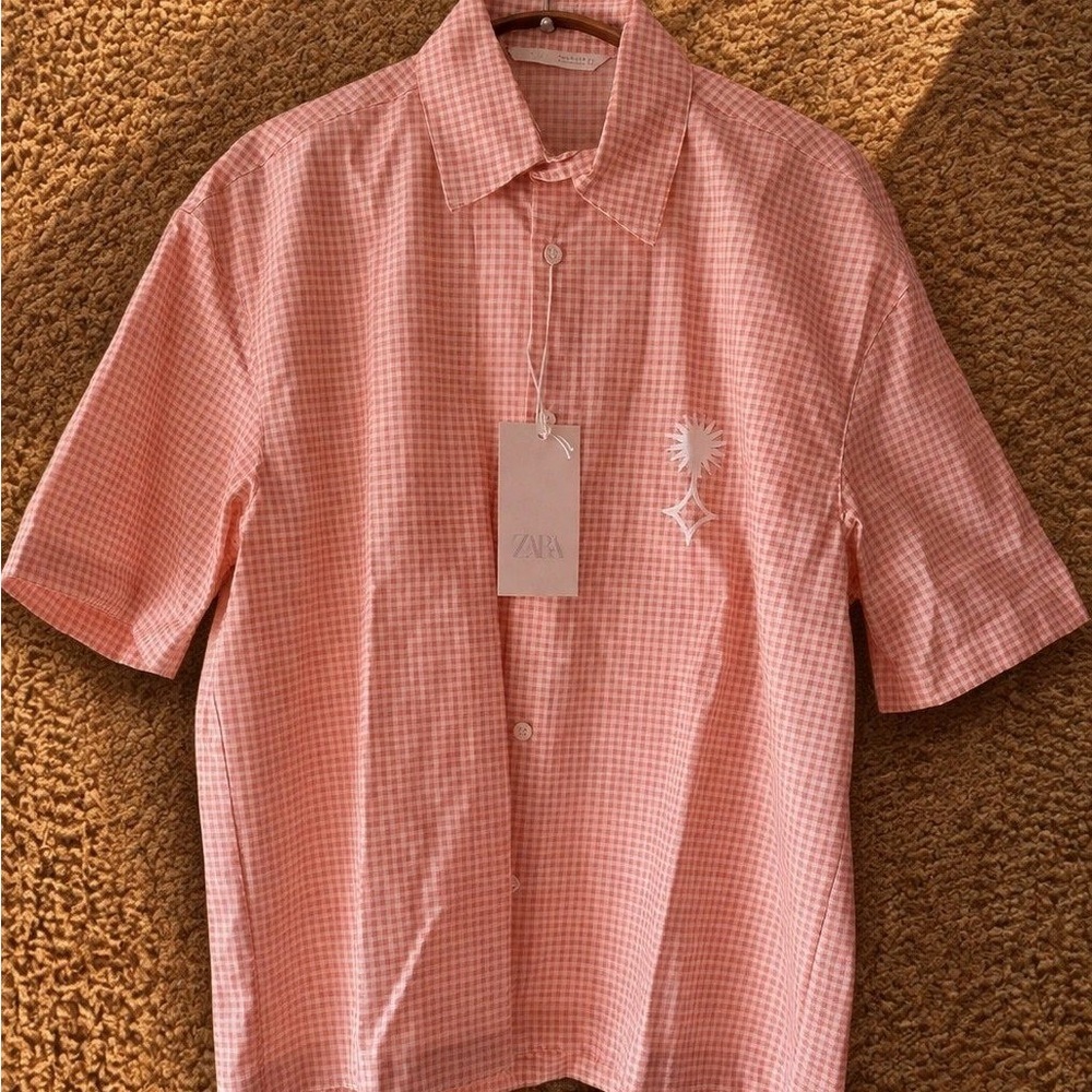 Zara Men Pink Gingham Short-Sleeve Button-Down Shirt